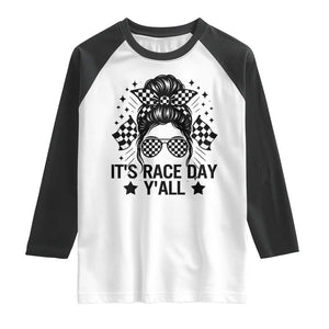 Racing Checkered Flag Messy Bun Race Day Raglan Shirt TS14 White Black Print Your Wear