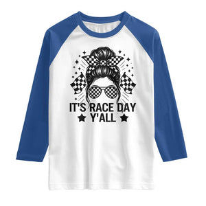 Racing Checkered Flag Messy Bun Race Day Raglan Shirt TS14 White Royal Print Your Wear