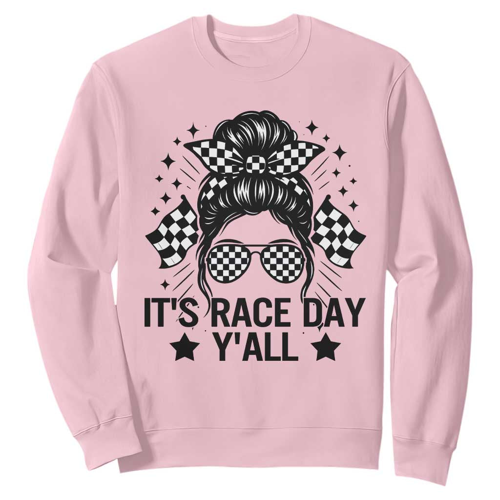 Racing Checkered Flag Messy Bun Race Day Sweatshirt TS14 Light Pink Print Your Wear