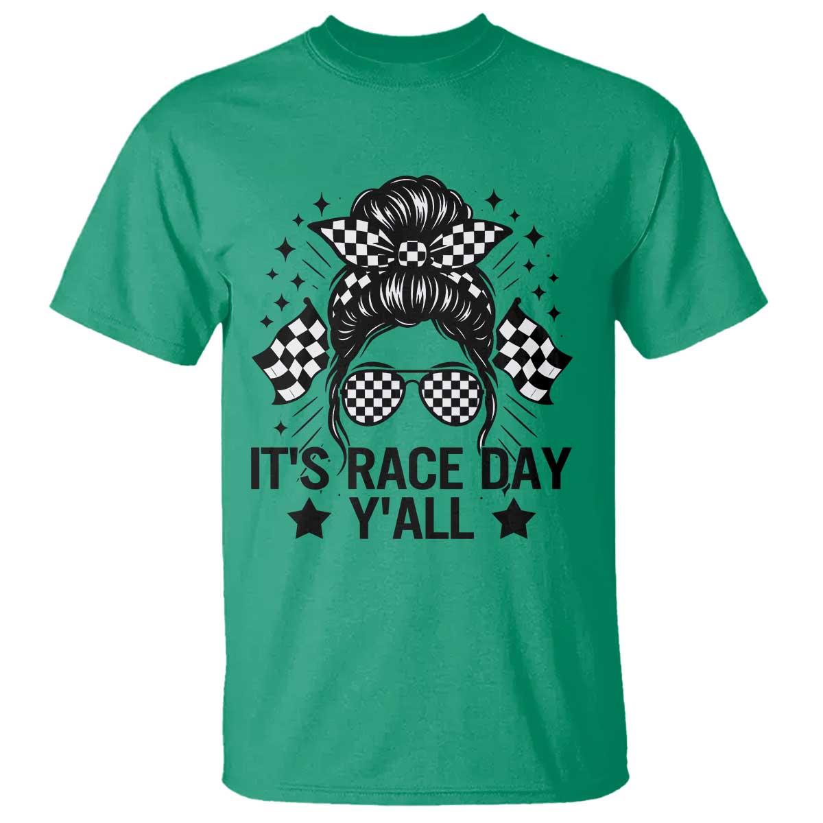 Racing Checkered Flag Messy Bun Race Day T Shirt TS14 Irish Green Print Your Wear