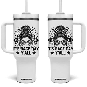 Racing Checkered Flag Messy Bun Race Day Tumbler With Handle TS14 One Size: 40 oz White Print Your Wear
