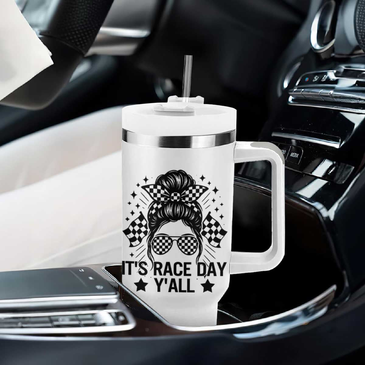 Racing Checkered Flag Messy Bun Race Day Tumbler With Handle TS14 Print Your Wear