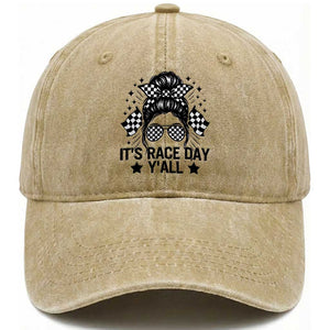 Racing Checkered Flag Messy Bun Race Day Washed Cotton Baseball Cap TS14 Washed Cap Universal Fit Khaki Print Your Wear