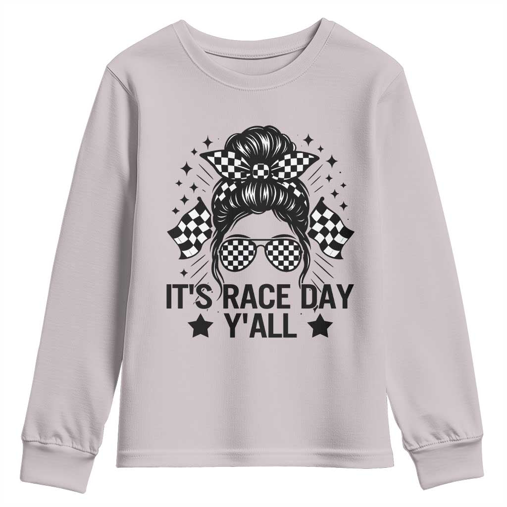 Racing Checkered Flag Messy Bun Race Day Youth Sweatshirt TS14 Ice Gray Print Your Wear