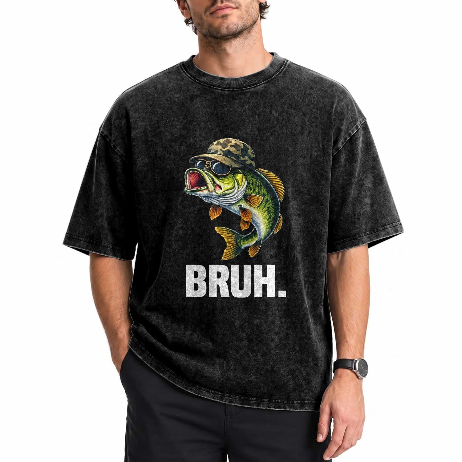 Bruh Fishing Camo Bass Fish Washed Cotton T-Shirt Funny Boys Kids Camouflage