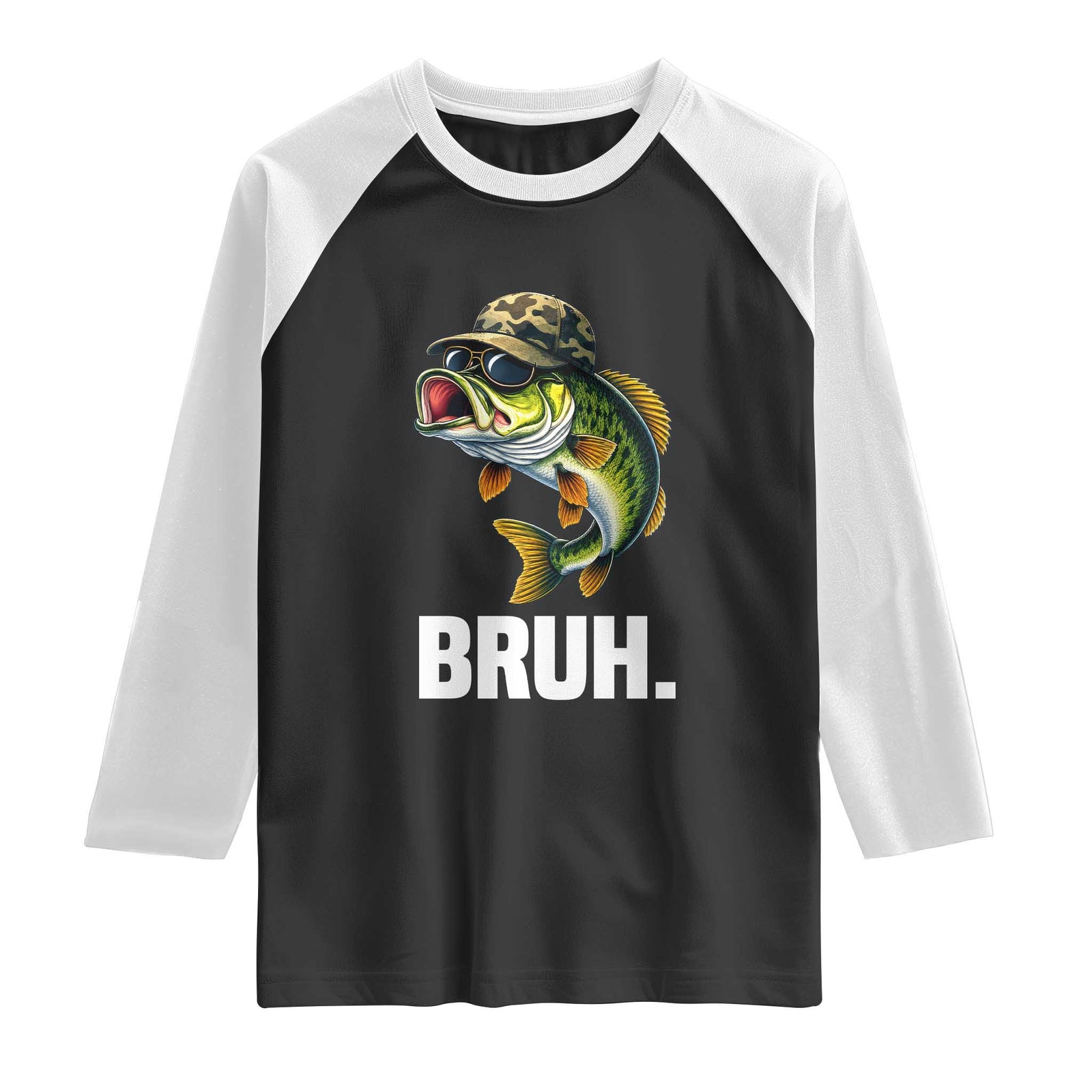 Bruh Fishing Camo Bass Fish Raglan Shirt Funny Boys Kids Camouflage