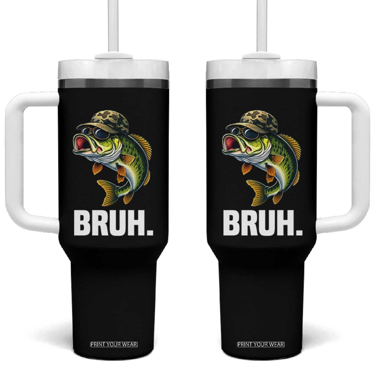 Bruh Fishing Camo Bass Fish Tumbler With Handle Funny Boys Kids Camouflage