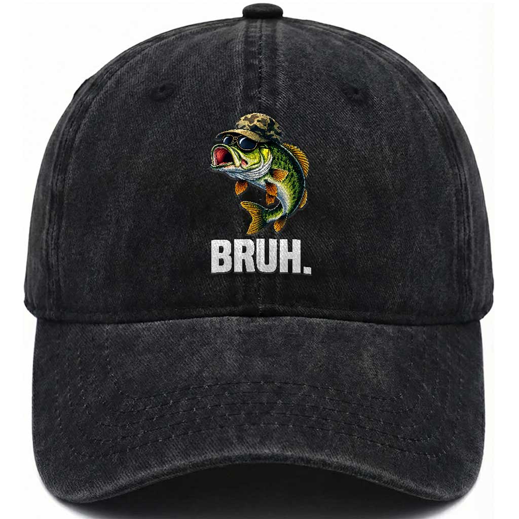 Bruh Fishing Camo Bass Fish Washed Cotton Baseball Cap Funny Boys Kids Camouflage