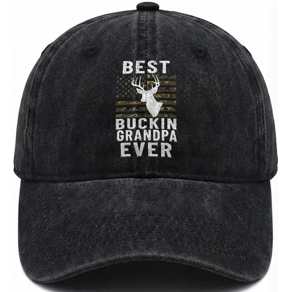 Best Buckin Grandpa Ever Hunter Camouflage Camo Fathers Day Washed Cotton Baseball Cap Whitetail Buck Deer