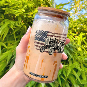 Farm Tractor Proud Farmer Classic American Flag Vintage Glass Can