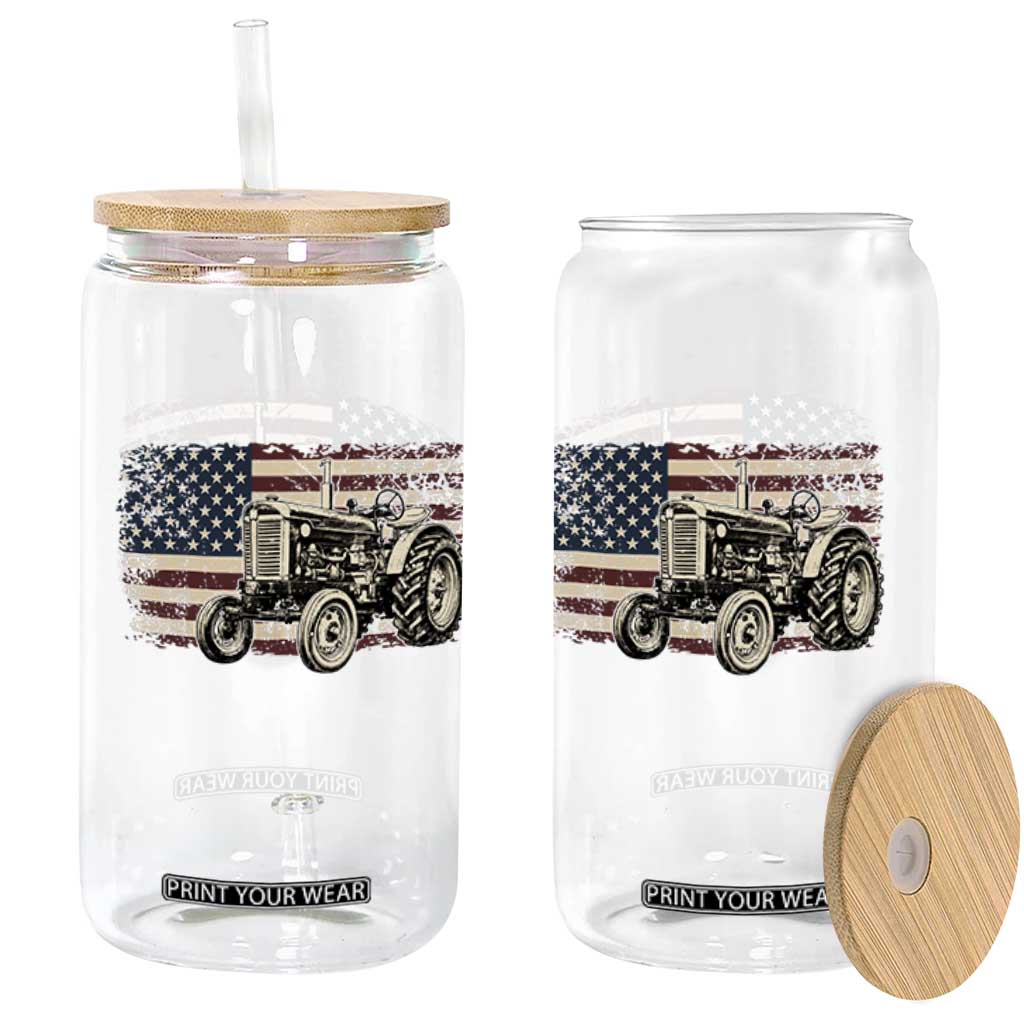Farm Tractor Proud Farmer Classic American Flag Vintage Glass Can