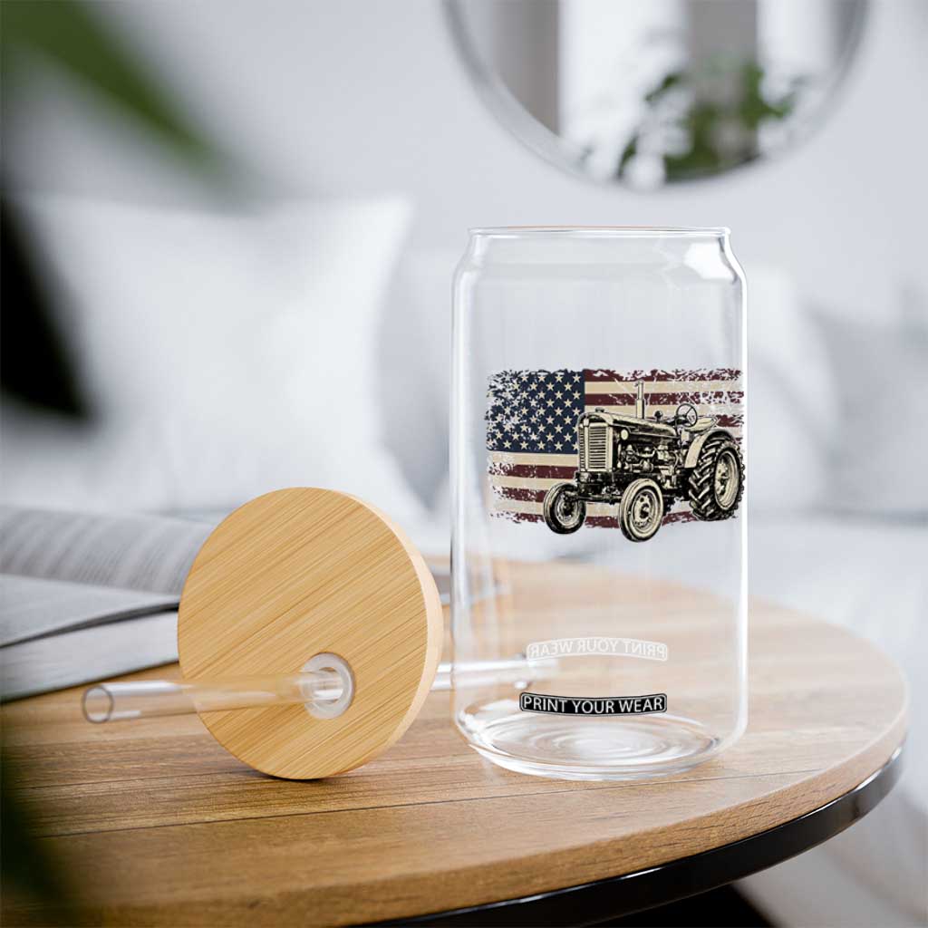 Farm Tractor Proud Farmer Classic American Flag Vintage Glass Can