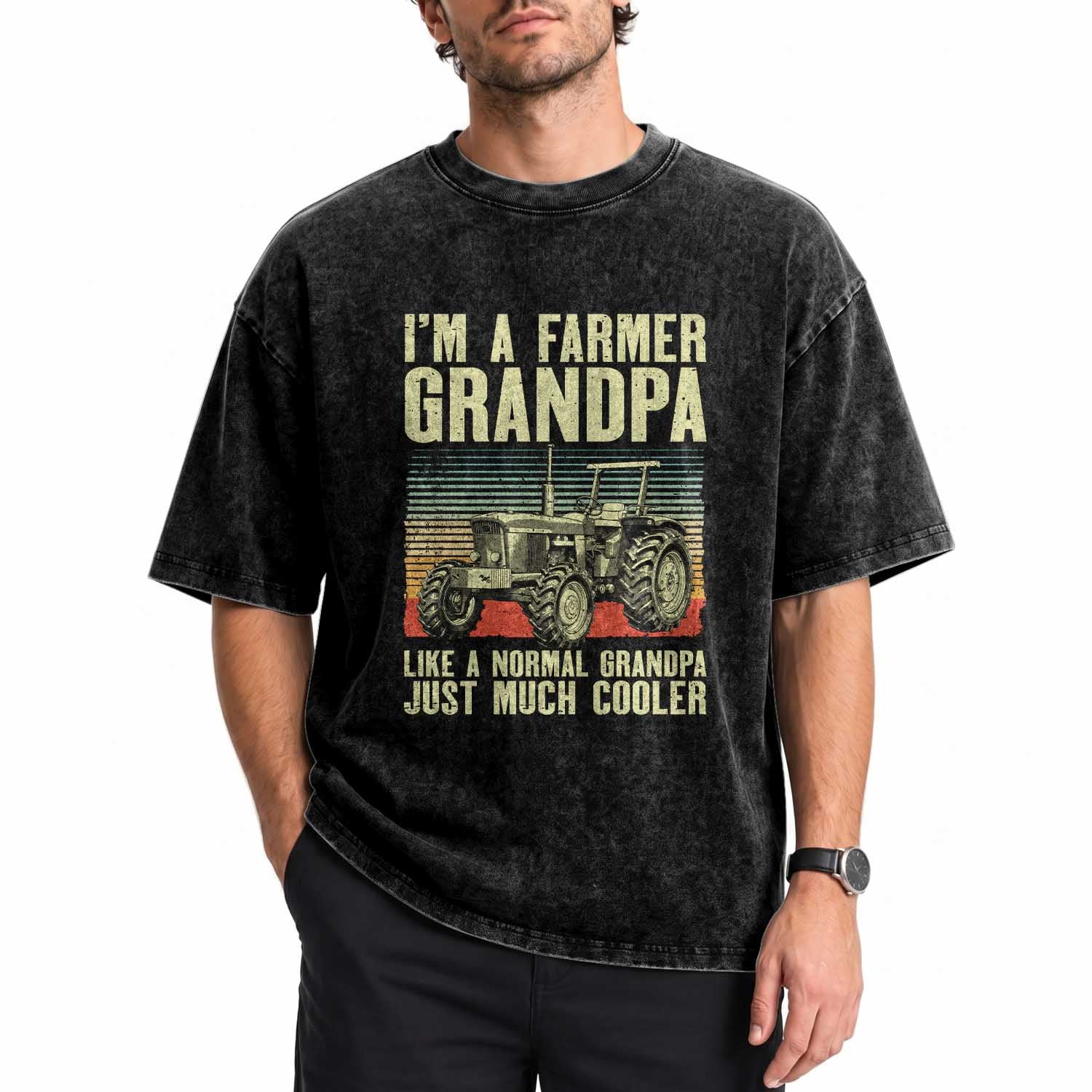 Farmer Grandpa Rancher Washed Cotton T-Shirt Vintage Classic Farm Tractor Sunset