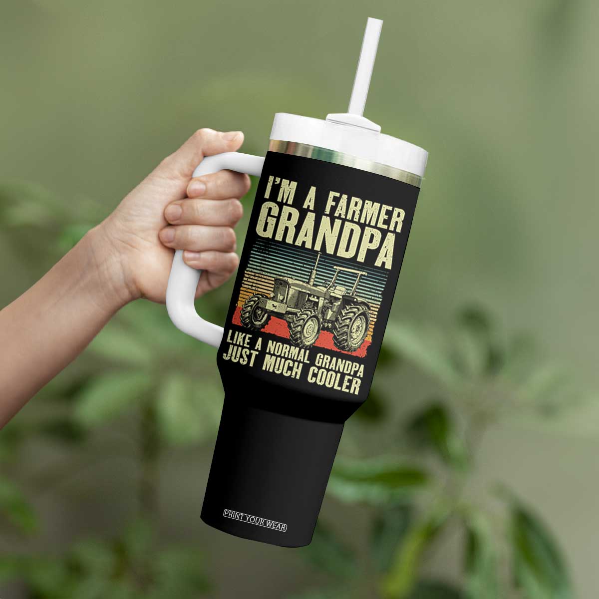 Farmer Grandpa Rancher Tumbler With Handle Vintage Classic Farm Tractor Sunset
