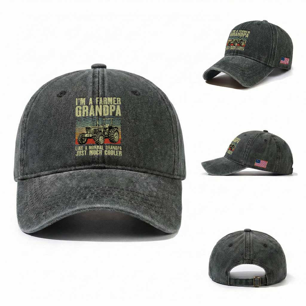 Farmer Grandpa Rancher Washed Cotton Baseball Cap Vintage Classic Farm Tractor Sunset