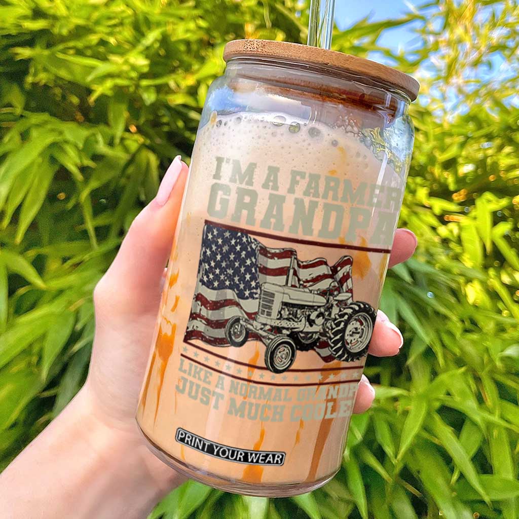 Tractor Farm Farming Patriotic American Flag Glass Can I'm A Farmer Grandpa Rancher Gifts