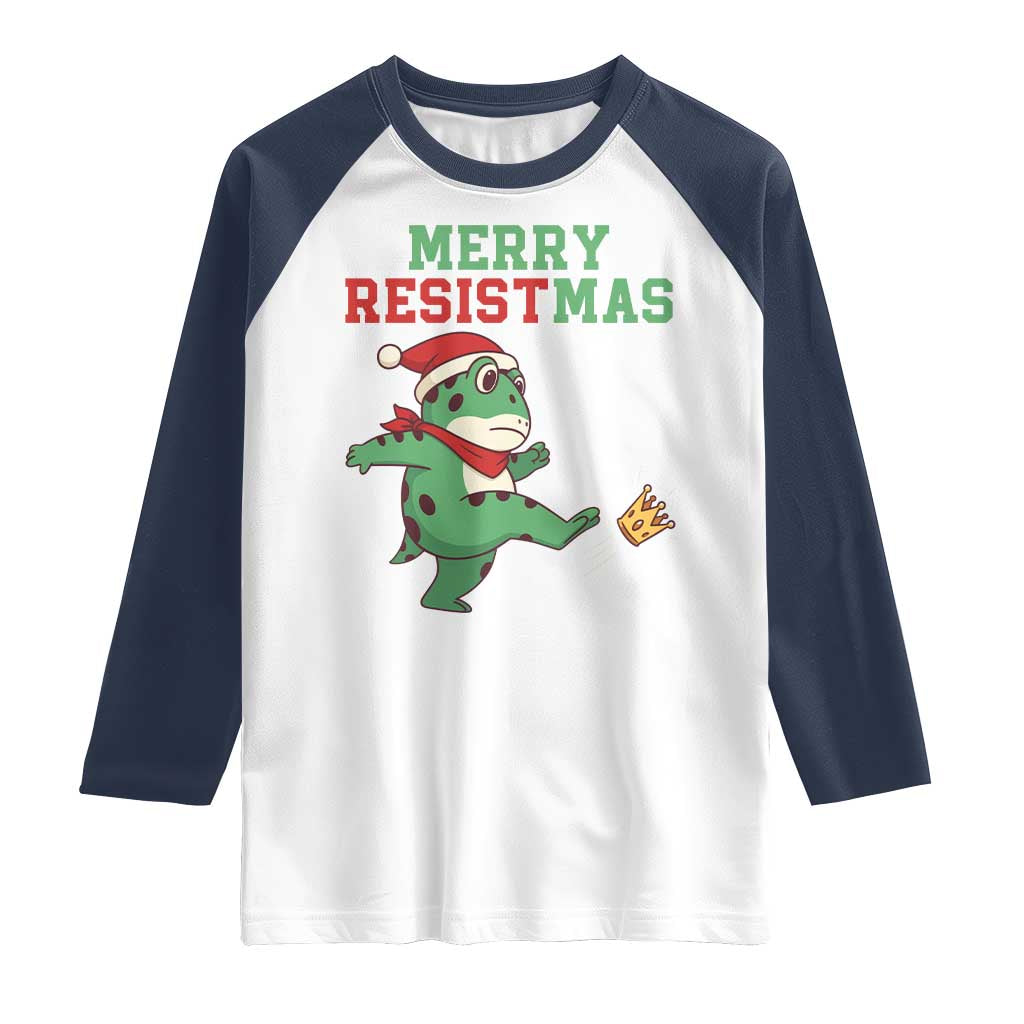 Merry Resistmas Frog Christmas Raglan Shirt TS14 White Navy Print Your Wear