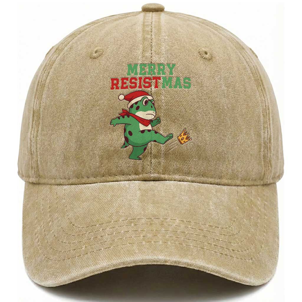 Merry Resistmas Frog Christmas Washed Cotton Baseball Cap TS14 Washed Cap Universal Fit Khaki Print Your Wear