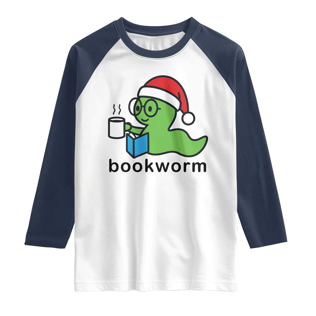 Bookworm Christmas Raglan Shirt Reading Book Lover TS14 White Navy Print Your Wear