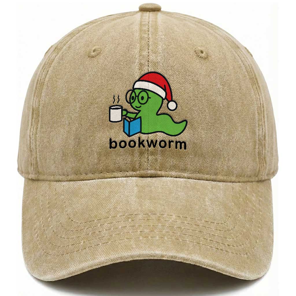 Bookworm Christmas Washed Cotton Baseball Cap Reading Book Lover TS14 Washed Cap Universal Fit Khaki Print Your Wear