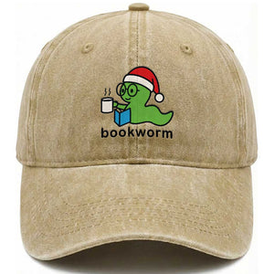 Bookworm Christmas Washed Cotton Baseball Cap Reading Book Lover TS14 Washed Cap Universal Fit Khaki Print Your Wear