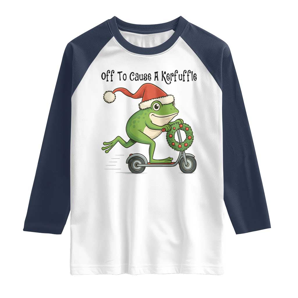 Off To Cause A Kerfuffle Raglan Shirt Funny Frog Christmas Meme Weirdcore TS14 White Navy Print Your Wear