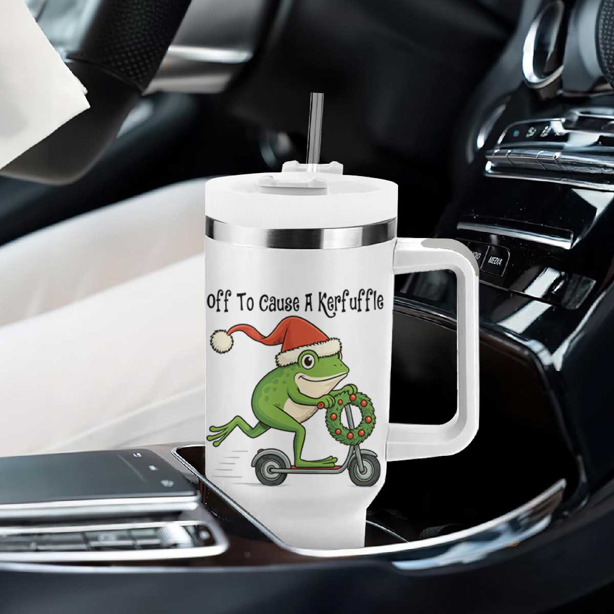Off To Cause A Kerfuffle Tumbler With Handle Funny Frog Christmas Meme Weirdcore TS14 Print Your Wear