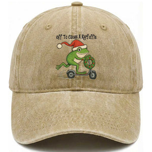 Off To Cause A Kerfuffle Washed Cotton Baseball Cap Funny Frog Christmas Meme Weirdcore TS14 Washed Cap Universal Fit Khaki Print Your Wear