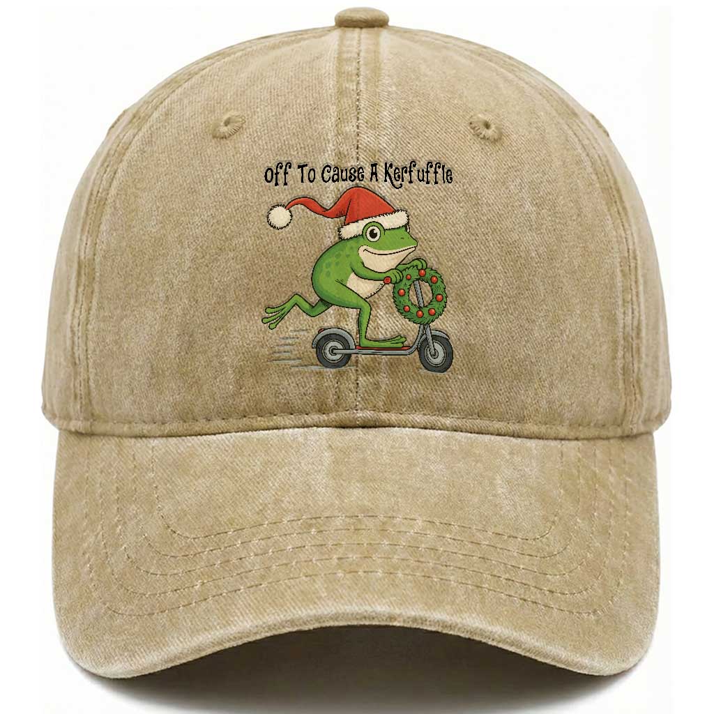 Off To Cause A Kerfuffle Washed Cotton Baseball Cap Funny Frog Christmas Meme Weirdcore TS14 Washed Cap Universal Fit Khaki Print Your Wear