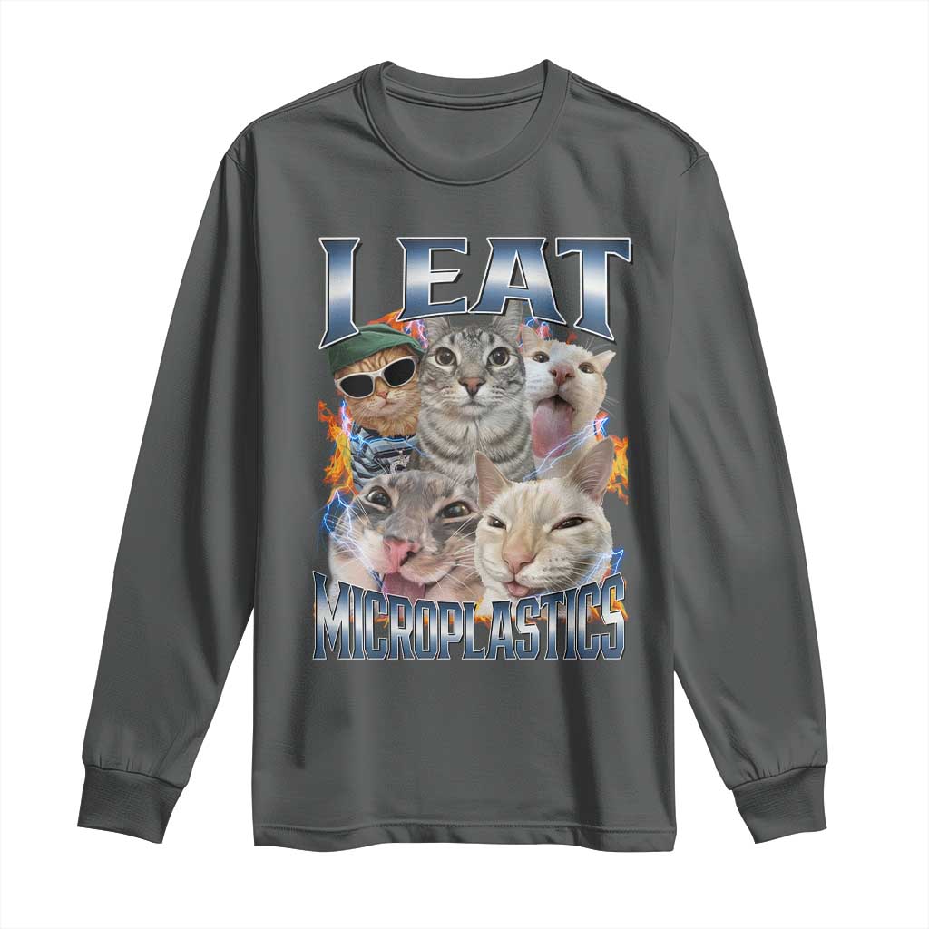 Funny Cat Meme Long Sleeve Shirt I Eat Microplastics TS14 Dark Heather Print Your Wear