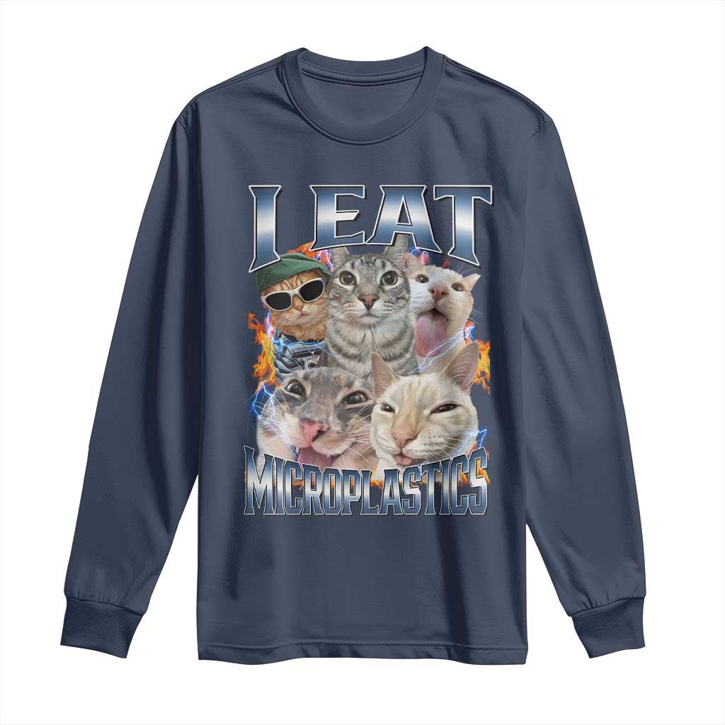 Funny Cat Meme Long Sleeve Shirt I Eat Microplastics TS14 Navy Print Your Wear