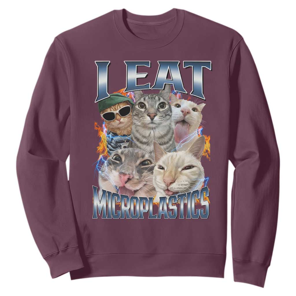 Funny Cat Meme Sweatshirt I Eat Microplastics TS14 Maroon Print Your Wear