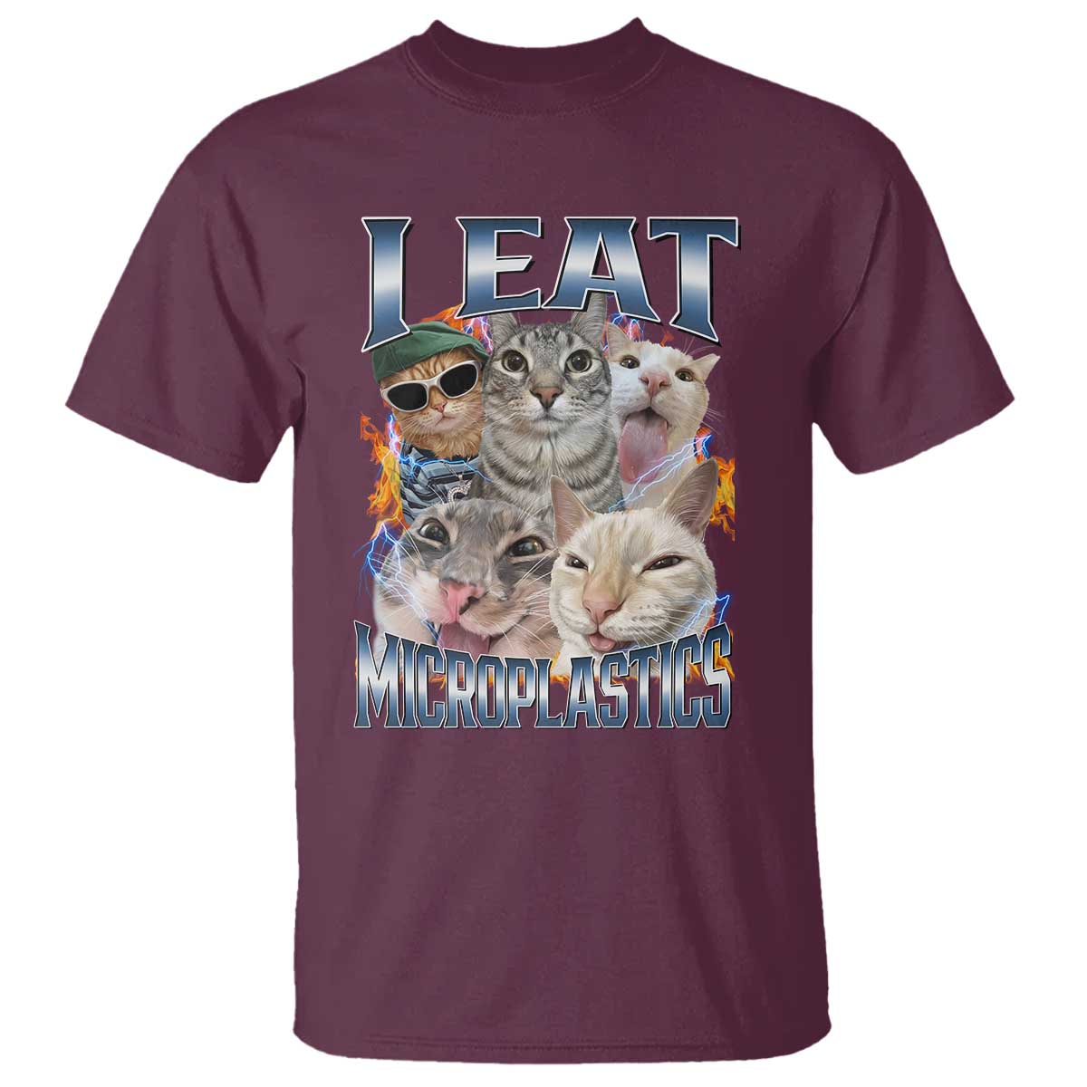 Funny Cat Meme T Shirt I Eat Microplastics TS14 Maroon Print Your Wear