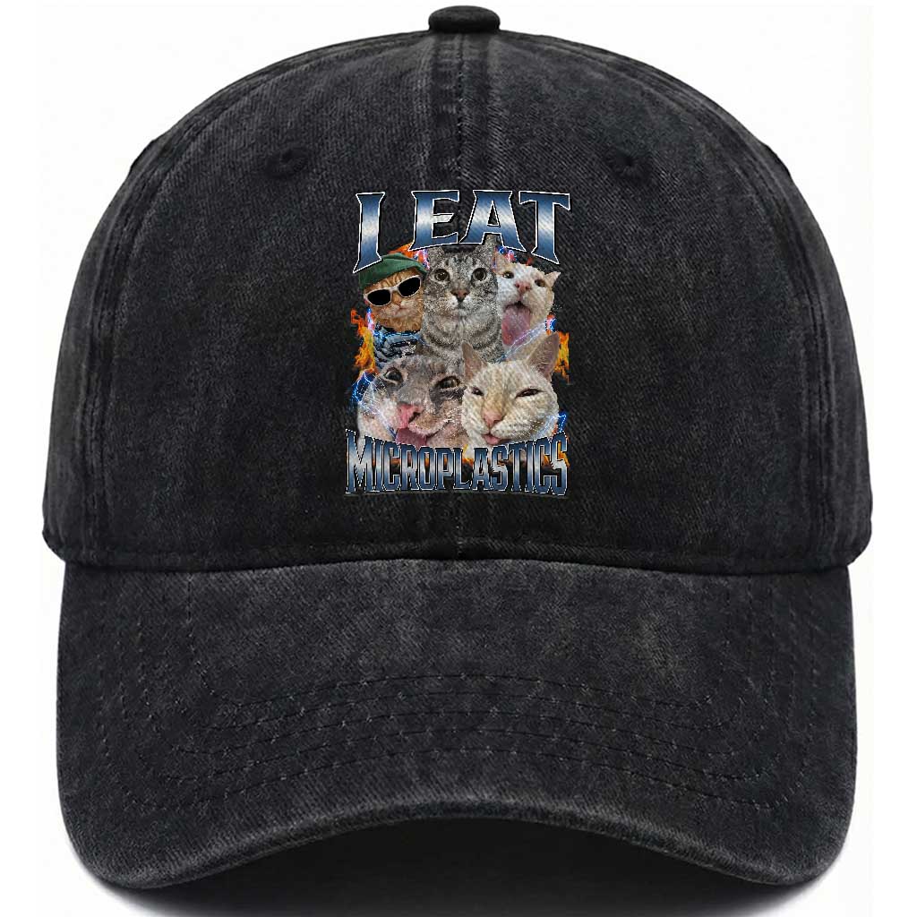Funny Cat Meme Washed Cotton Baseball Cap I Eat Microplastics TS14 Washed Cap Universal Fit Black Print Your Wear