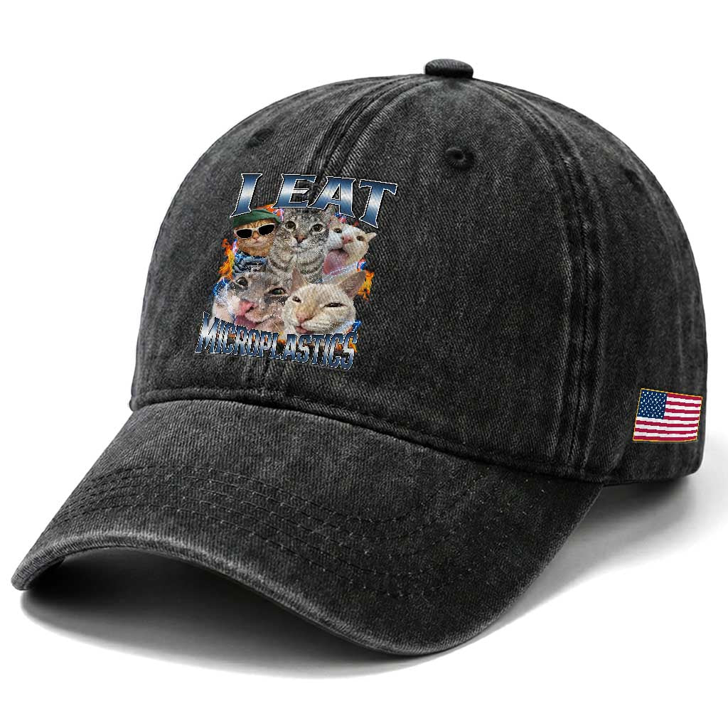 Funny Cat Meme Washed Cotton Baseball Cap I Eat Microplastics TS14 Print Your Wear