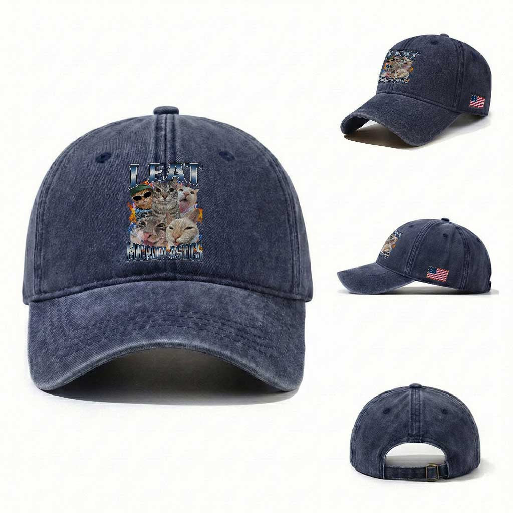 Funny Cat Meme Washed Cotton Baseball Cap I Eat Microplastics TS14 Washed Cap Universal Fit Navy Print Your Wear