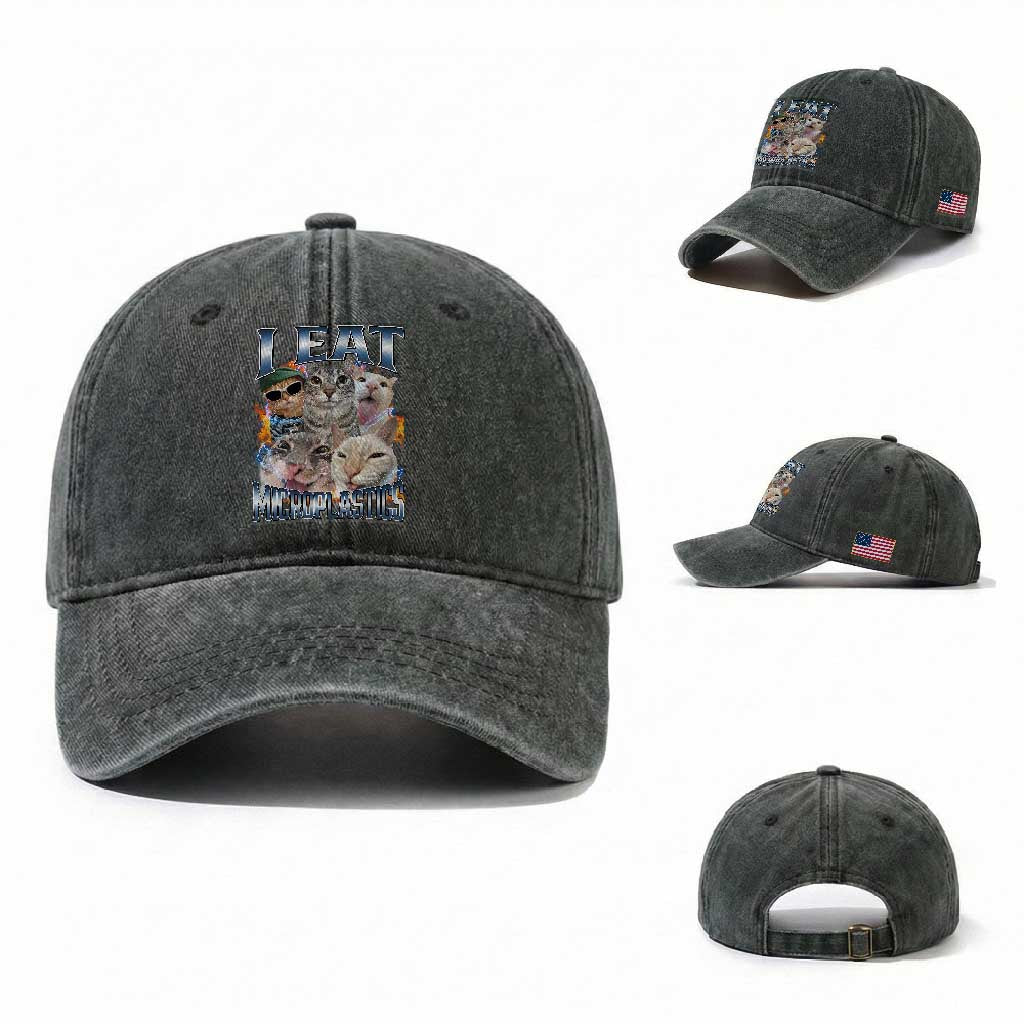 Funny Cat Meme Washed Cotton Baseball Cap I Eat Microplastics TS14 Washed Cap Universal Fit Dark Green Print Your Wear