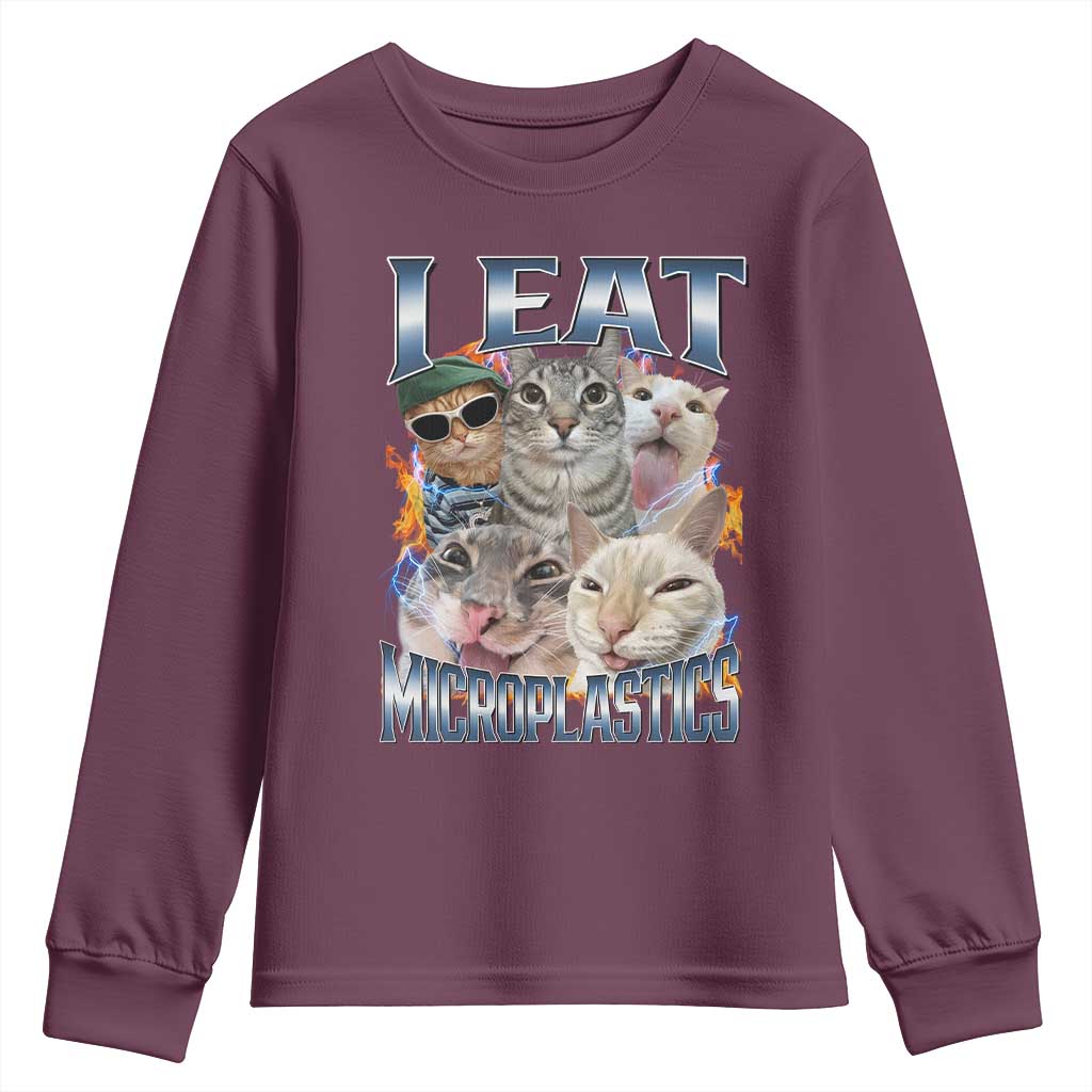 Funny Cat Meme Youth Sweatshirt I Eat Microplastics TS14 Maroon Print Your Wear