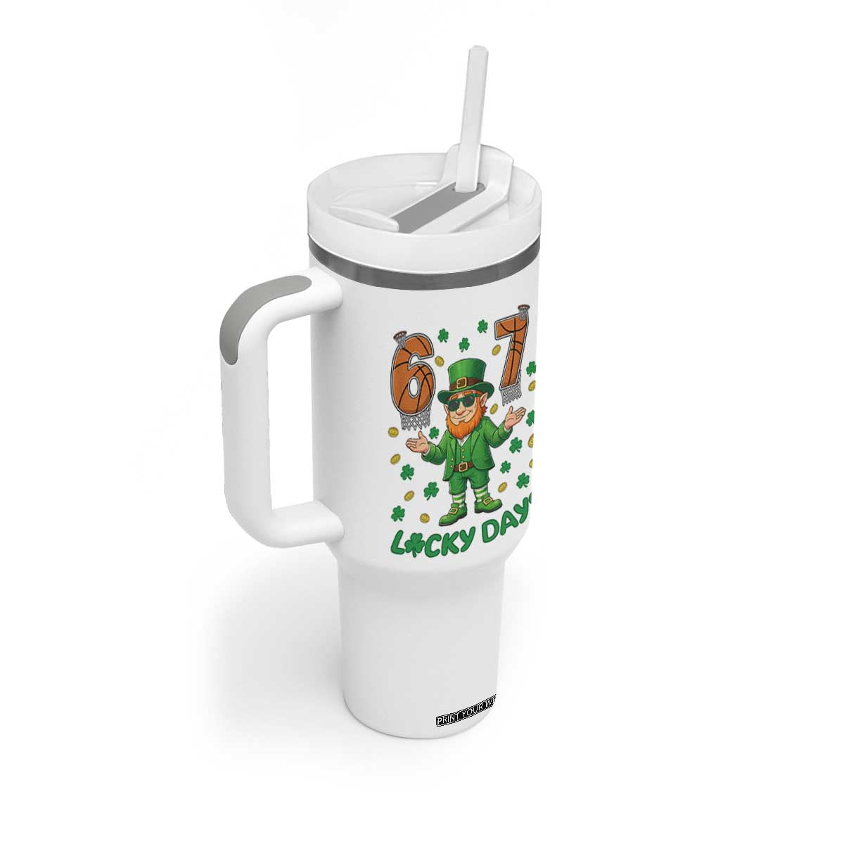 67 Basketball St Patricks Day Tumbler With Handle Funny Six Seven Leprechaun Meme TS14 Print Your Wear