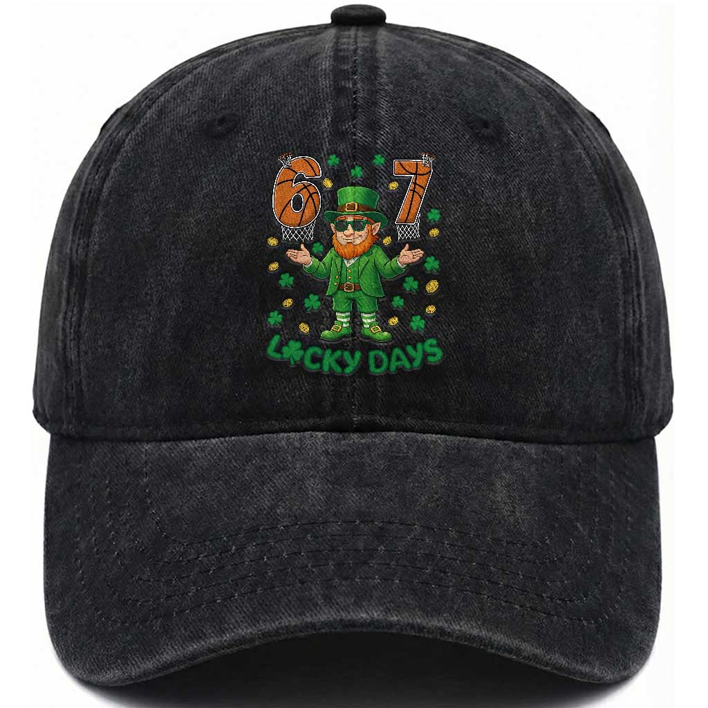 67 Basketball St Patricks Day Washed Cotton Baseball Cap Funny Six Seven Leprechaun Meme TS14 Washed Cap Universal Fit Black Print Your Wear