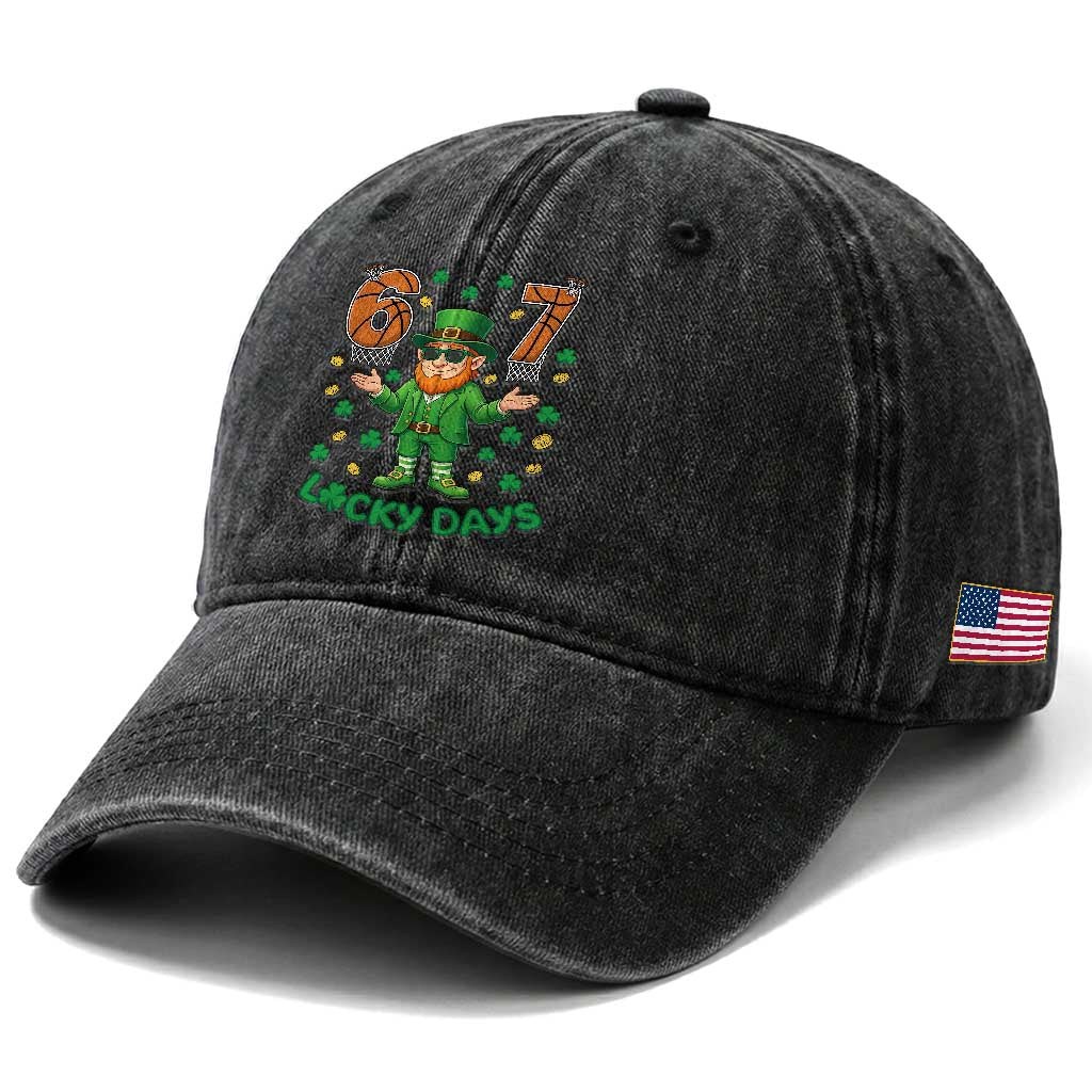 67 Basketball St Patricks Day Washed Cotton Baseball Cap Funny Six Seven Leprechaun Meme TS14 Print Your Wear