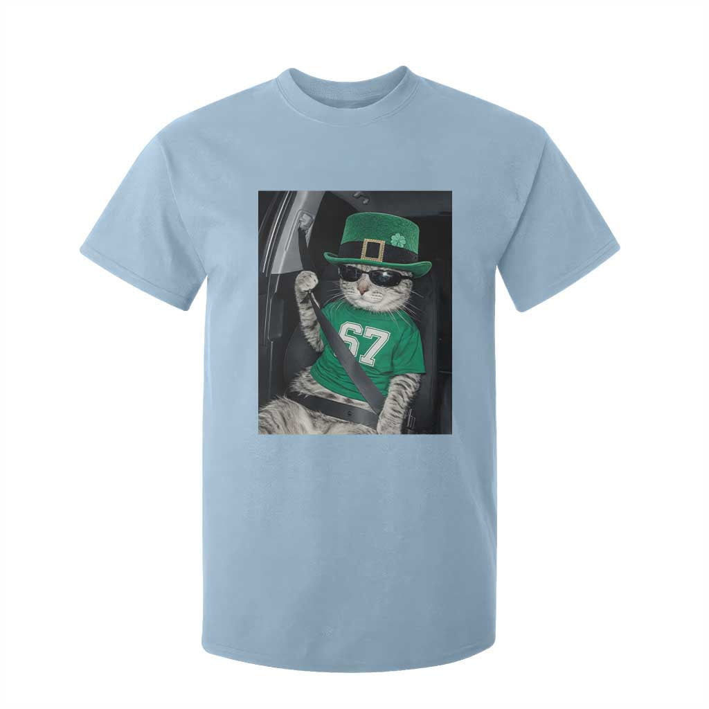 67 Cat St Patricks Day T Shirt For Kid Funny Cat Driver Leprechaun Meme TS14 Light Blue Print Your Wear