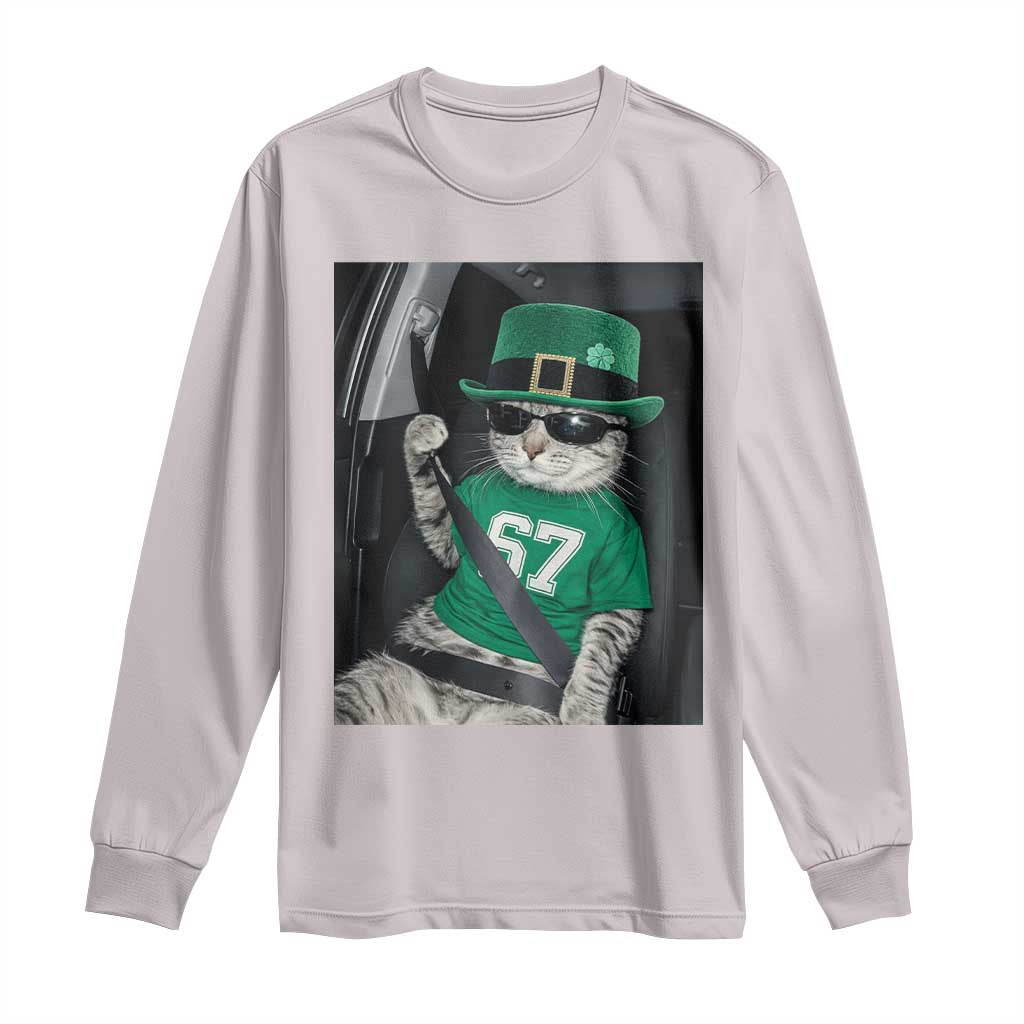 67 Cat St Patricks Day Long Sleeve Shirt Funny Cat Driver Leprechaun Meme TS14 Ice Gray Print Your Wear