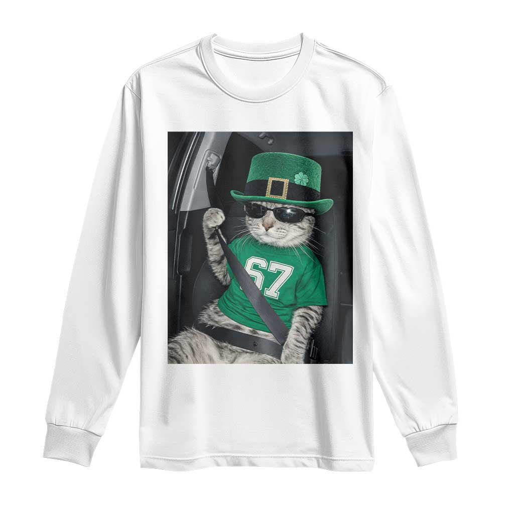 67 Cat St Patricks Day Long Sleeve Shirt Funny Cat Driver Leprechaun Meme TS14 White Print Your Wear