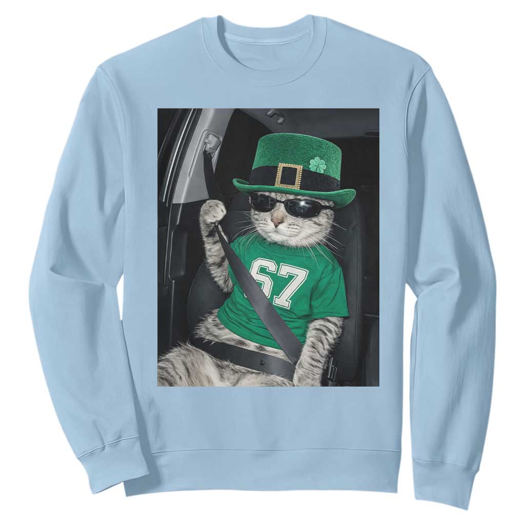67 Cat St Patricks Day Sweatshirt Funny Cat Driver Leprechaun Meme TS14 Light Blue Print Your Wear
