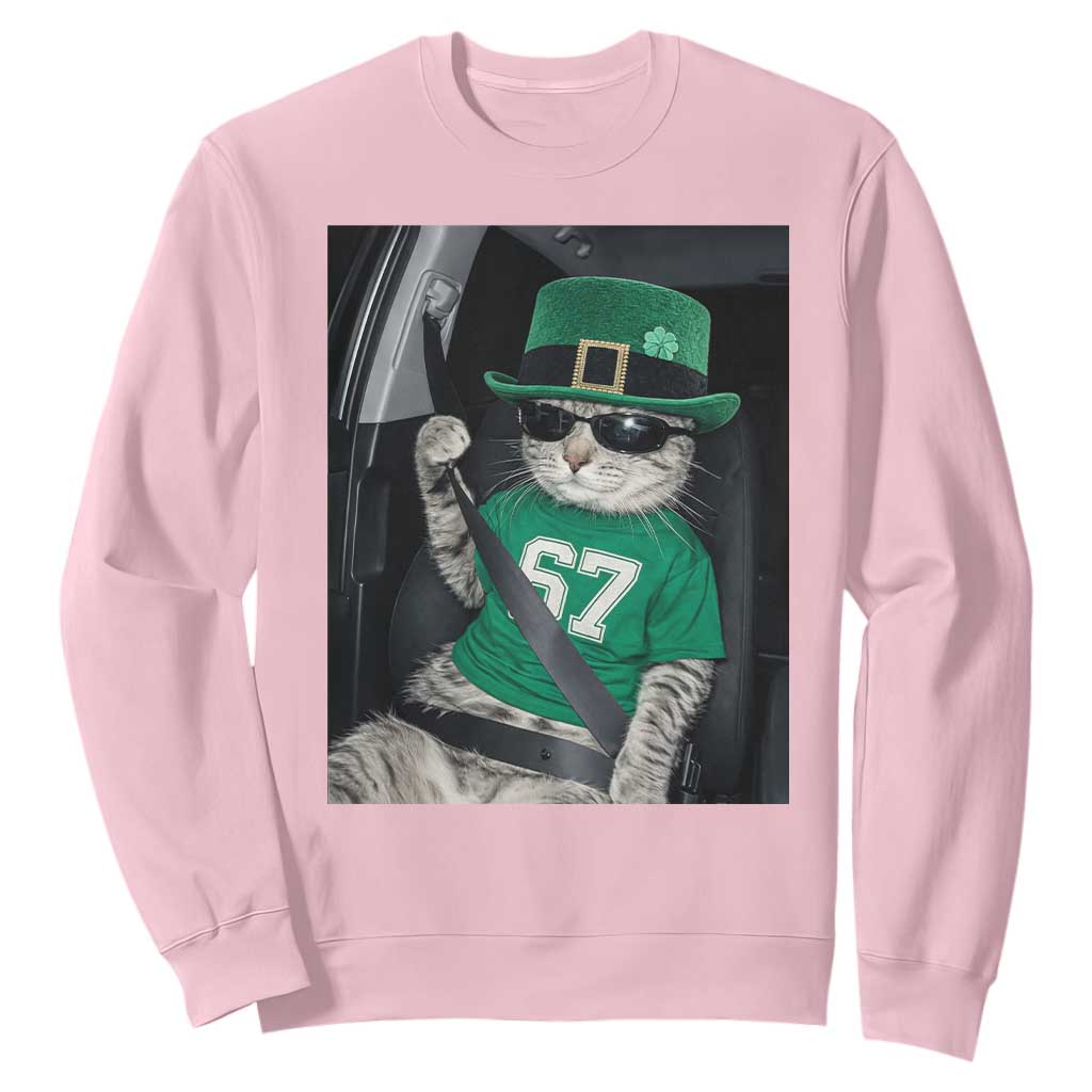 67 Cat St Patricks Day Sweatshirt Funny Cat Driver Leprechaun Meme TS14 Light Pink Print Your Wear
