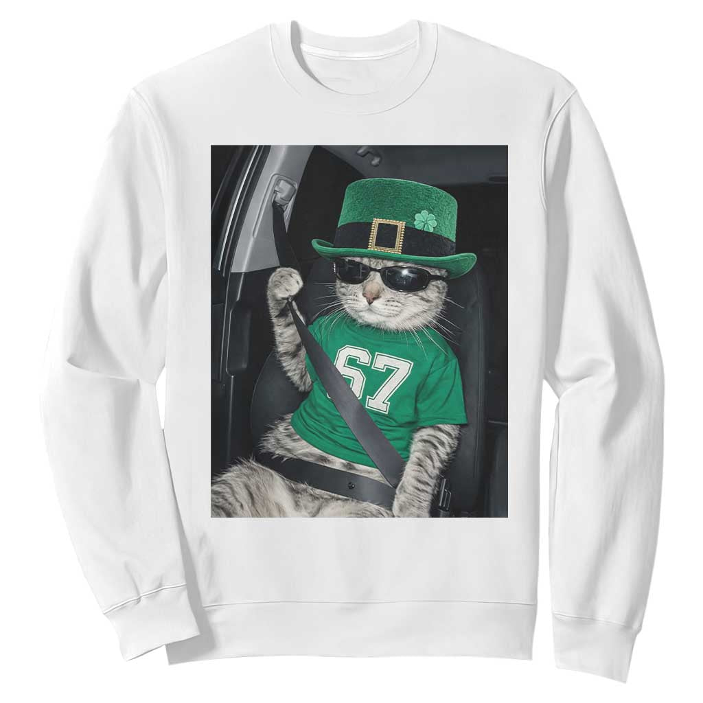 67 Cat St Patricks Day Sweatshirt Funny Cat Driver Leprechaun Meme TS14 White Print Your Wear