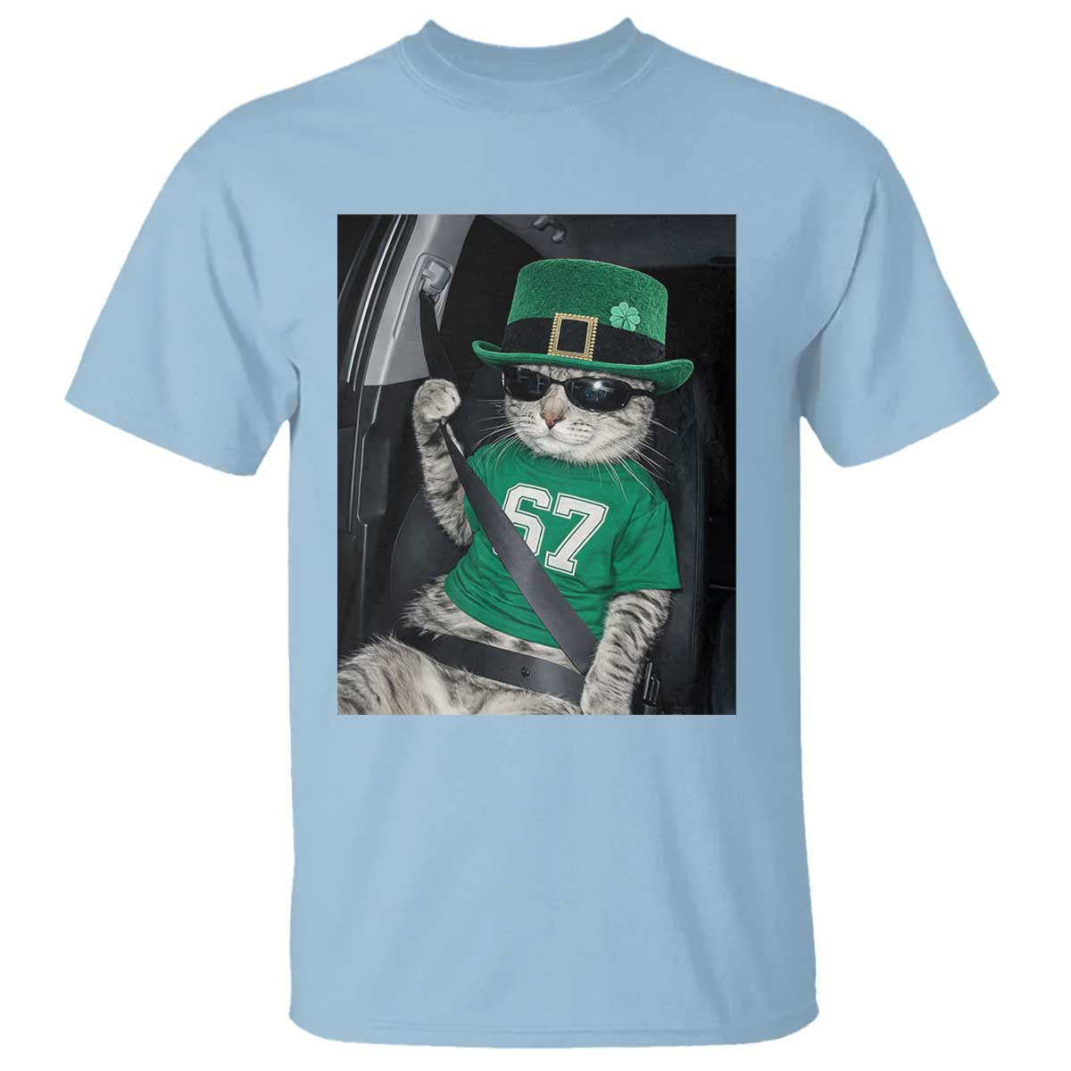 67 Cat St Patricks Day T Shirt Funny Cat Driver Leprechaun Meme TS14 Light Blue Print Your Wear