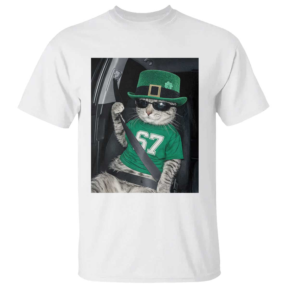 67 Cat St Patricks Day T Shirt Funny Cat Driver Leprechaun Meme TS14 White Print Your Wear