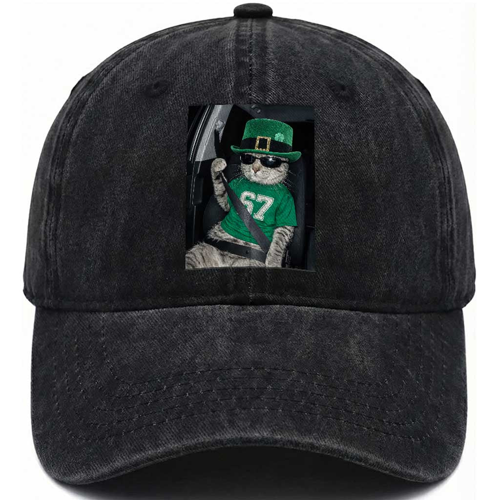 67 Cat St Patricks Day Washed Cotton Baseball Cap Funny Cat Driver Leprechaun Meme TS14 Washed Cap Universal Fit Black Print Your Wear